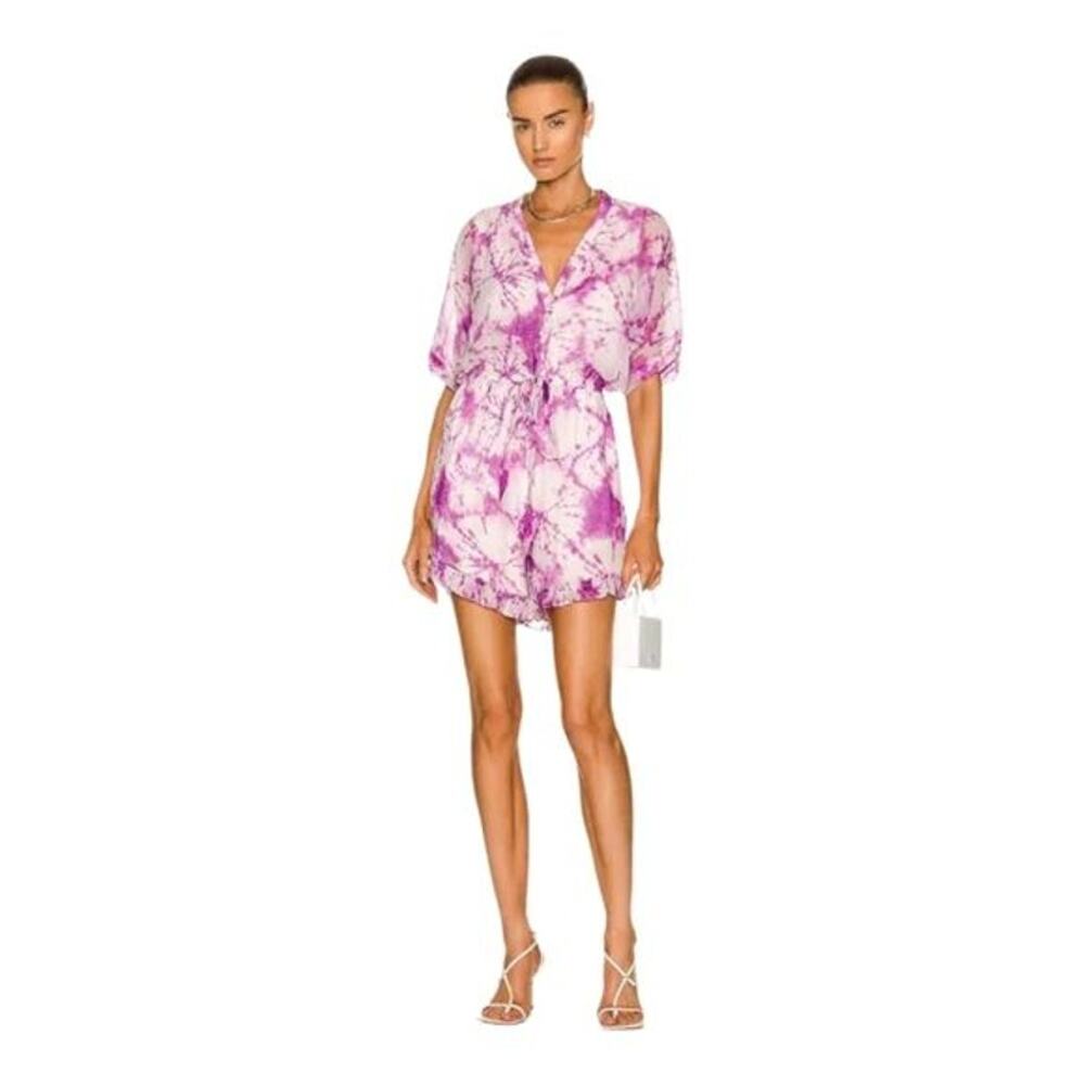 Rococo Sand Ava Boho Tie-Dye Draw String Waist and Ruffle Hem Romper Purple XS